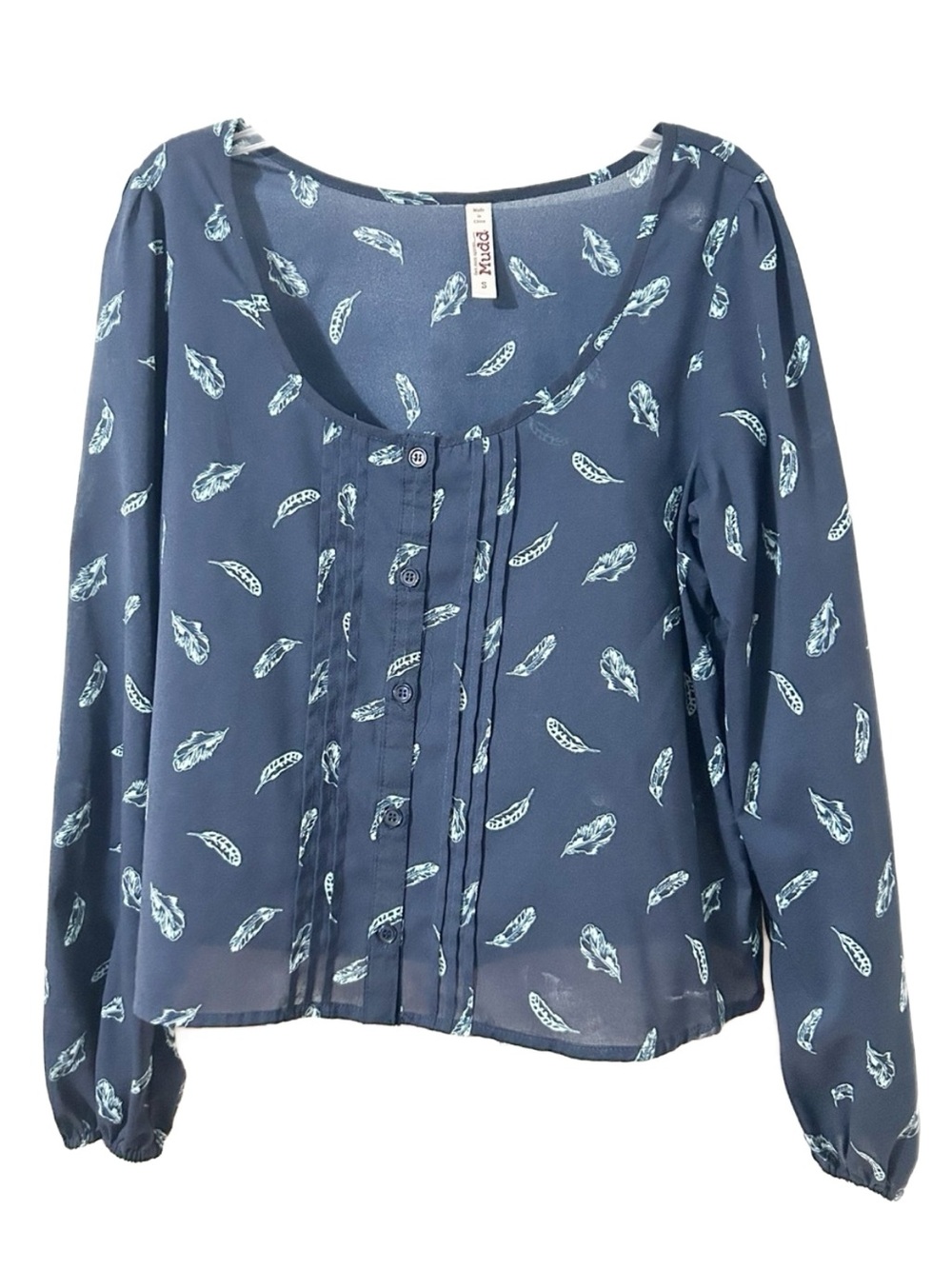 Mudd Blue Feather Print Peasant Blouse Y2K Boho Long Sleeve Top Small Scoop Neck